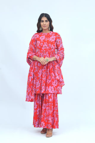 Gulbahar Red Floral Kurta Palazzo Set