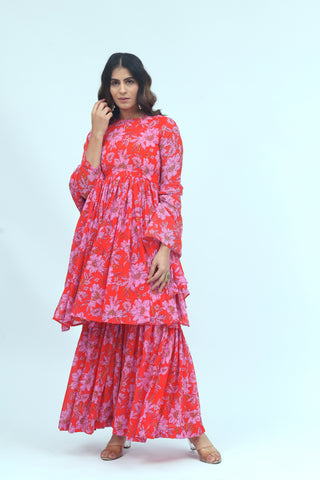 Gulbahar Red Floral Kurta Palazzo Set