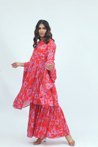 Gulbahar Red Floral Kurta Palazzo Set