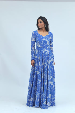 Aarohi Blue Printed Anarkali Gown