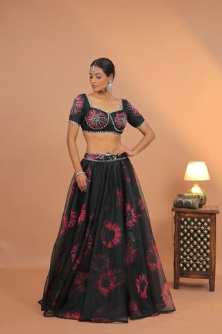 Nora Black Floral Lehenga Set